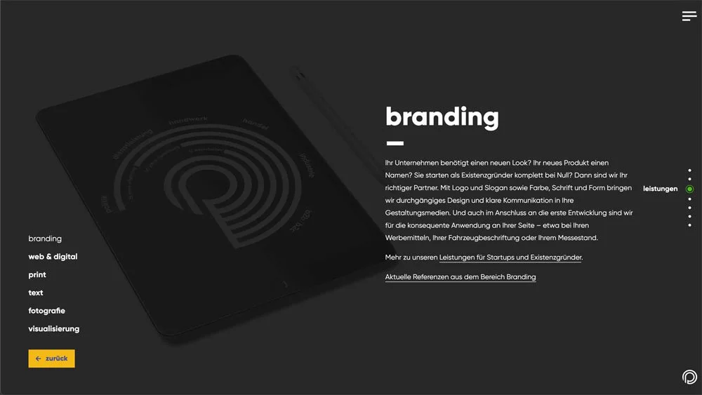 Detailseite der Leistung Branding von der Website plakart.