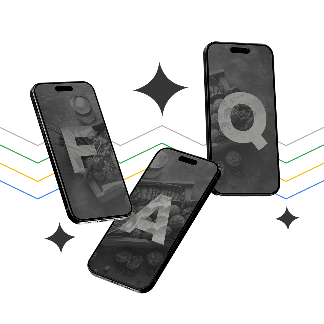 Drei schwebende iPhones mit den Buchstaben FAQ