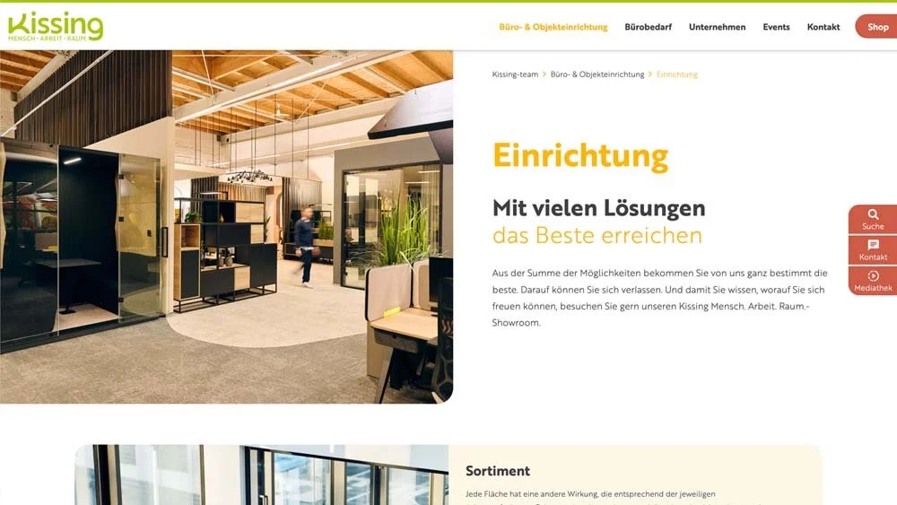 Ansicht der Website von Kissing in Menden. Hier zu sehen der Bereich "Einrichtung".