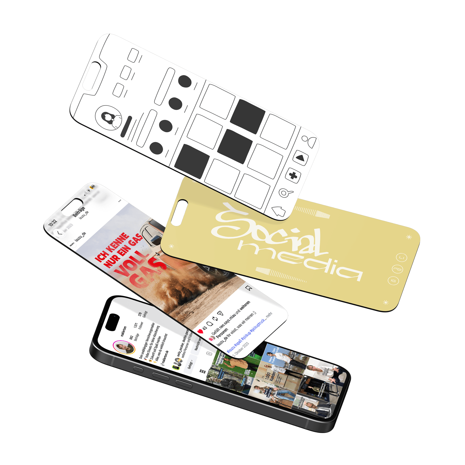 grafische komposition von 4 iPhone Displays mit Social Media Content