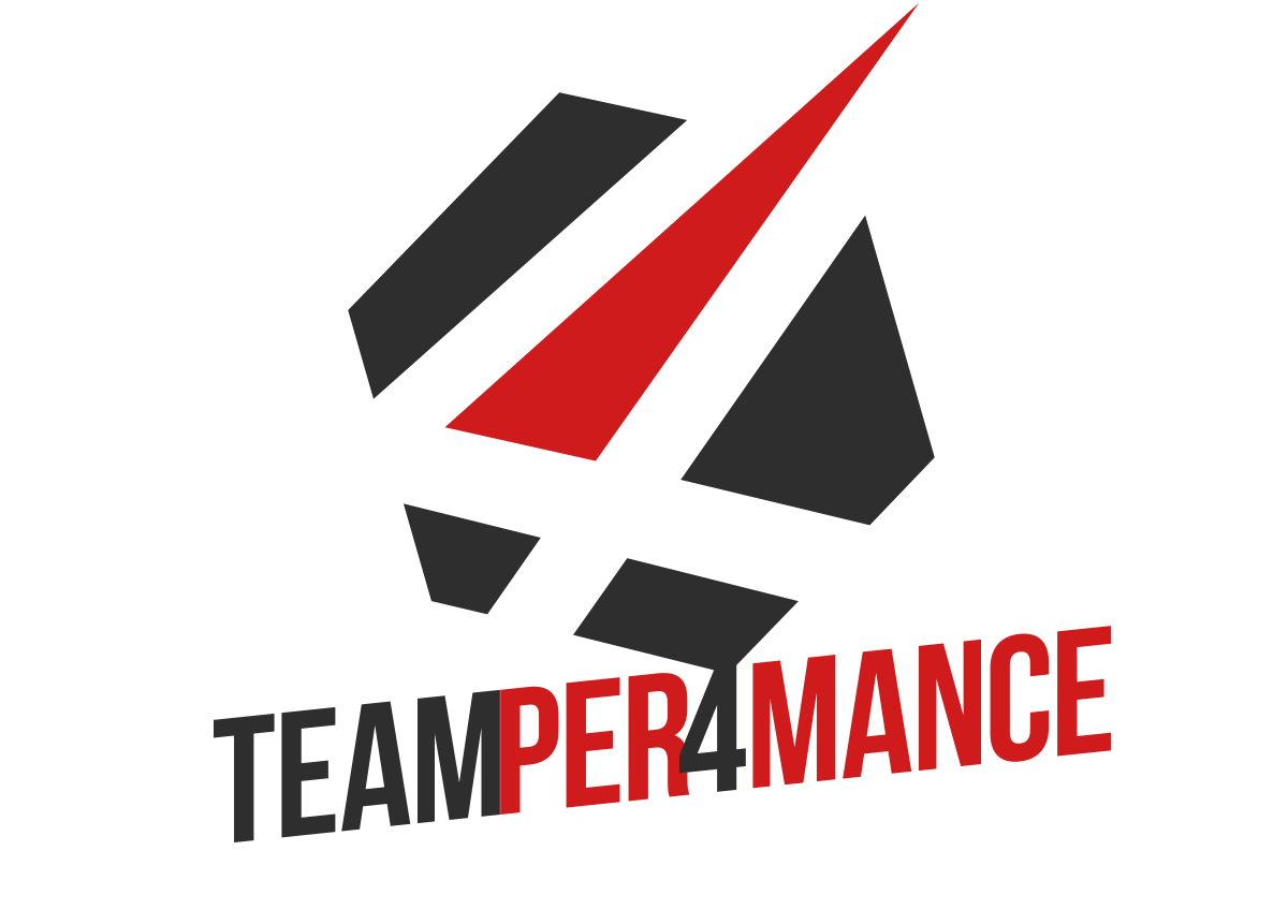 sportliches Logo von TeamPer4mance. Die Farben sind schwarz und rot mit einer 4 als Bildmarke.