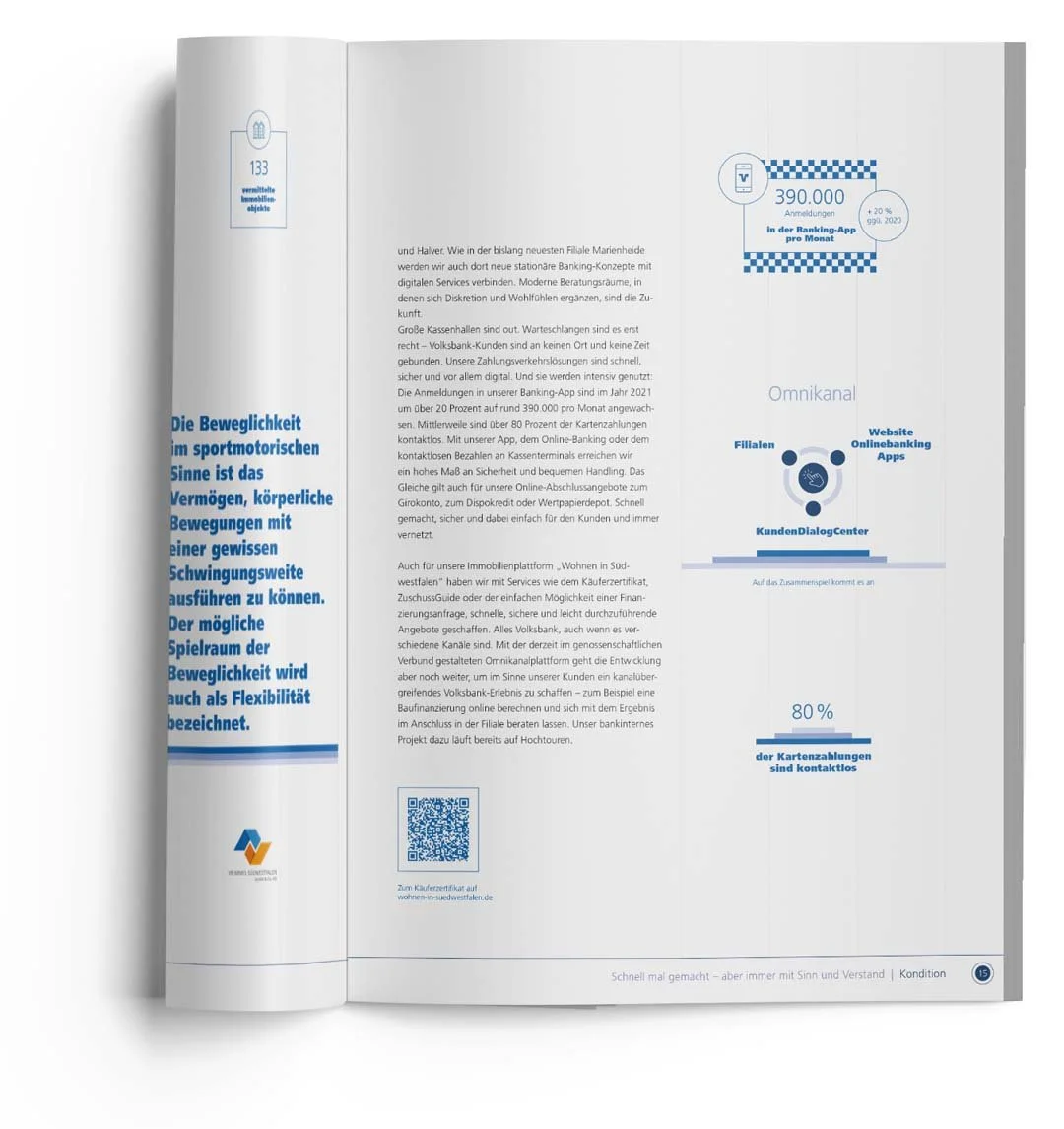 Editorial Design, offene Doppelseite eines Jahresberichts mit Fließtext und Infografiken.