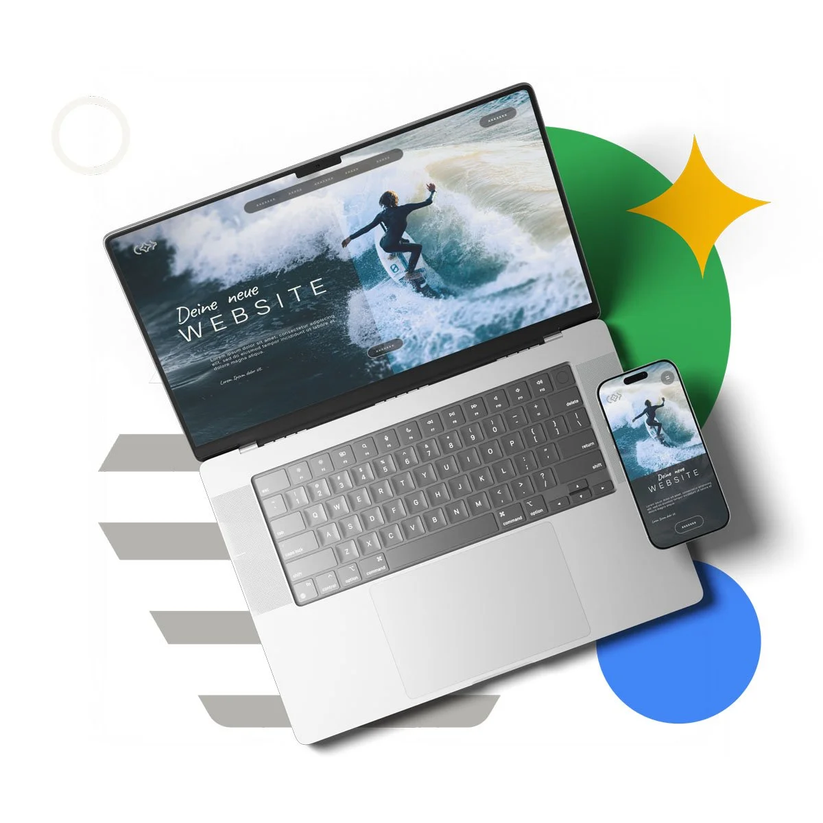 Komposition aus einem Apple Macbook auf grafischen, buntem Hintergrund. Auf dem Display ist eine Website zu sehen auf der ein Surfer zu sehen ist