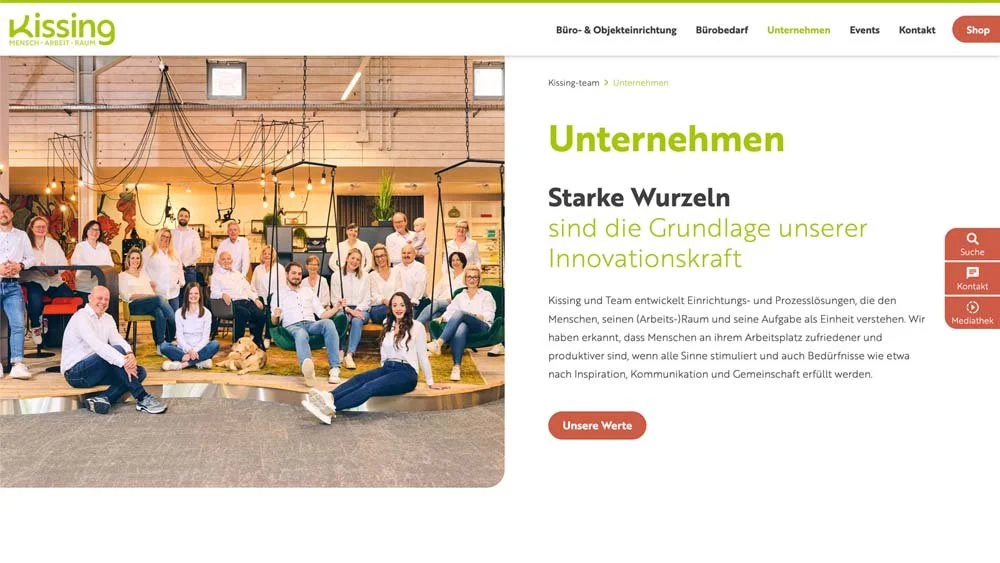 Ansicht der Website von Kissing in Menden. Hier zu sehen der Bereich "Unternehmen".