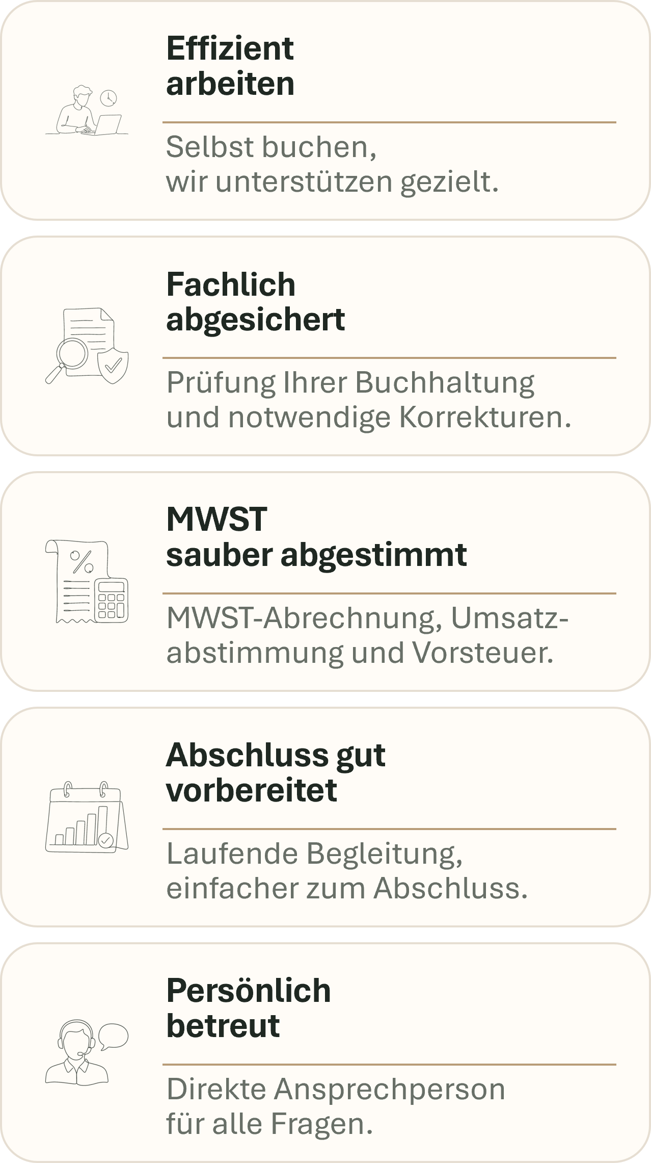 Vorteile der bexio-Buchhaltungsbegleitung durch Accountit AG: effizient arbeiten, fachlich abgesichert sein, MWST sauber abstimmen, Abschluss gut vorbereiten und persönliche Betreuung erhalten.