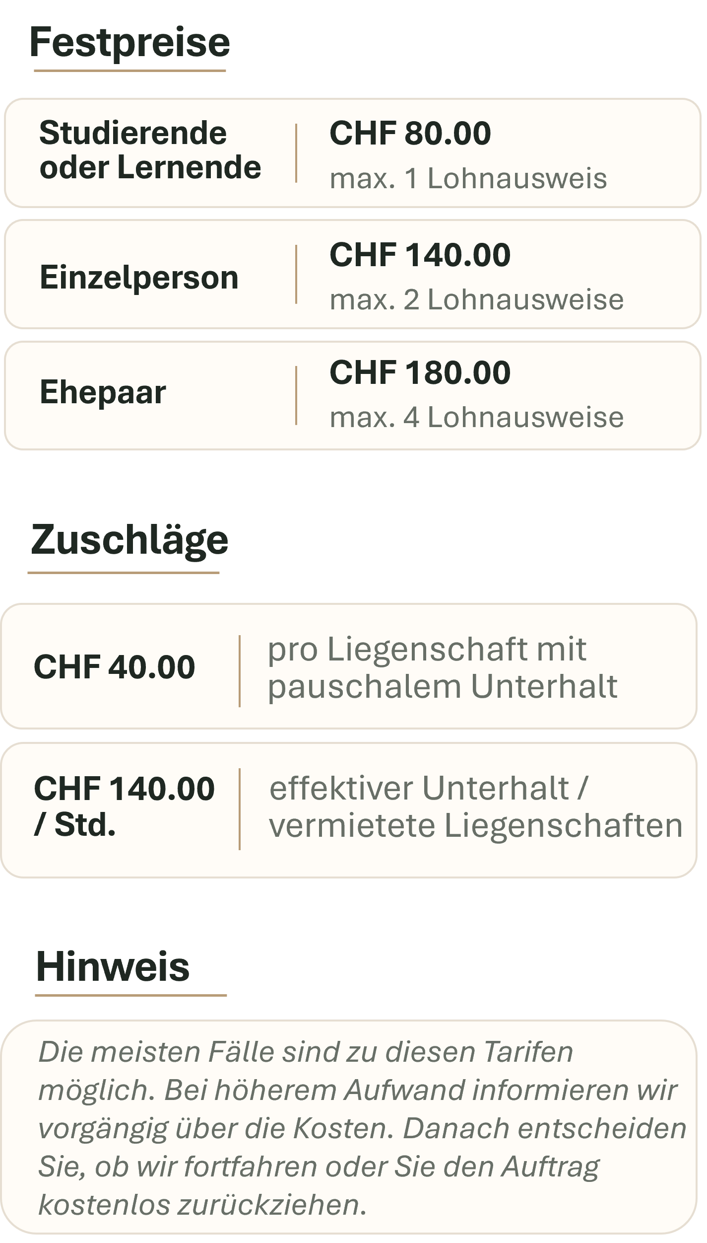 Preisübersicht für digitale Steuererklärungen: Studierende oder Lernende CHF 80.00, Einzelperson CHF 140.00, Ehepaar CHF 180.00 sowie Zuschläge für Liegenschaften und besondere Fälle.