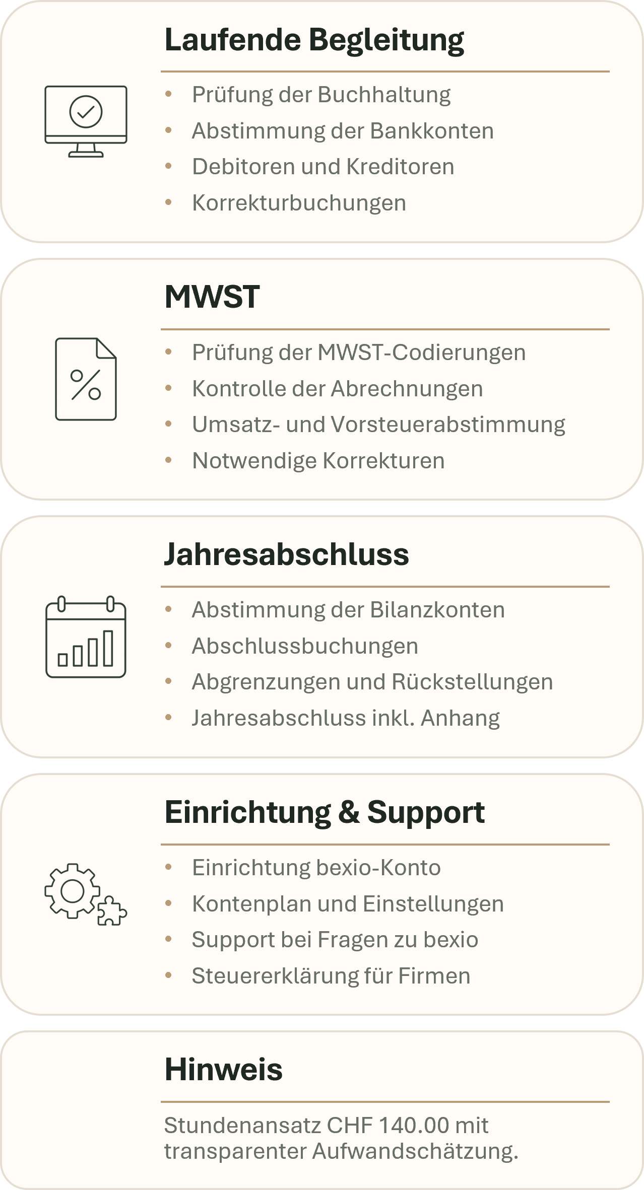 Leistungen von Accountit AG für bexio-Buchhaltungen: laufende Buchhaltungsbegleitung, MWST, Jahresabschluss sowie Einrichtung und ergänzende Leistungen.