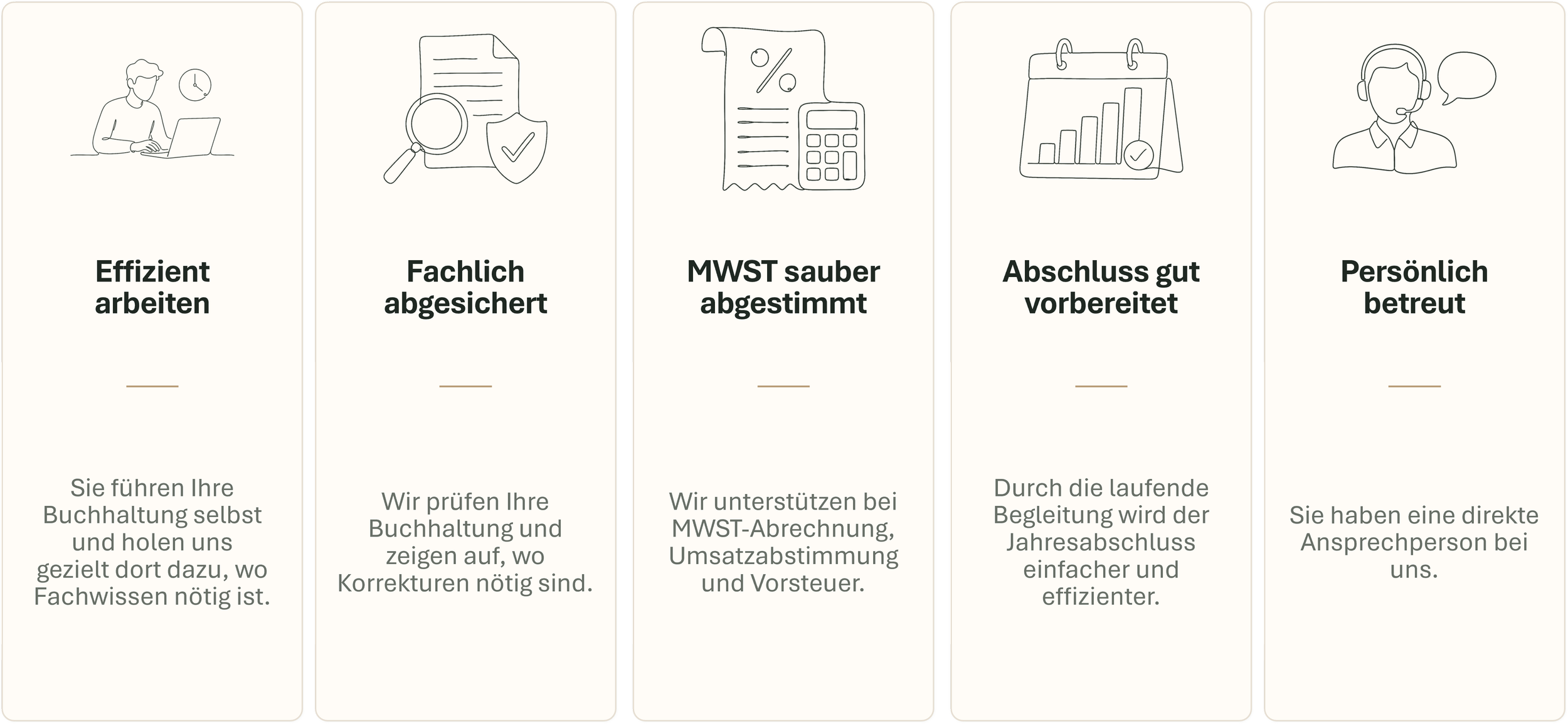 Vorteile der bexio-Buchhaltungsbegleitung durch Accountit AG: effizient arbeiten, fachlich abgesichert sein, MWST sauber abstimmen, Abschluss gut vorbereiten und persönliche Betreuung erhalten.