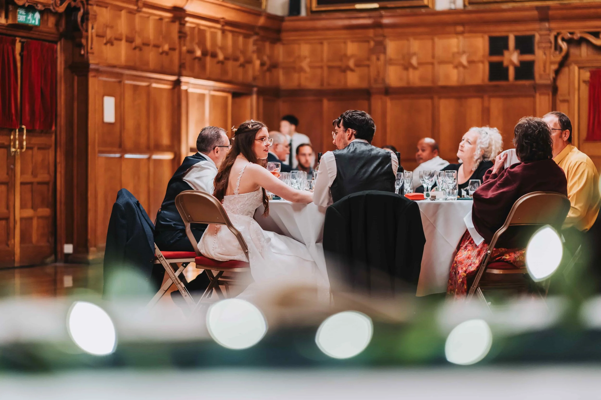 Relaxed wedding portraits of Rebecca and Bono inside Oxford Town Hall