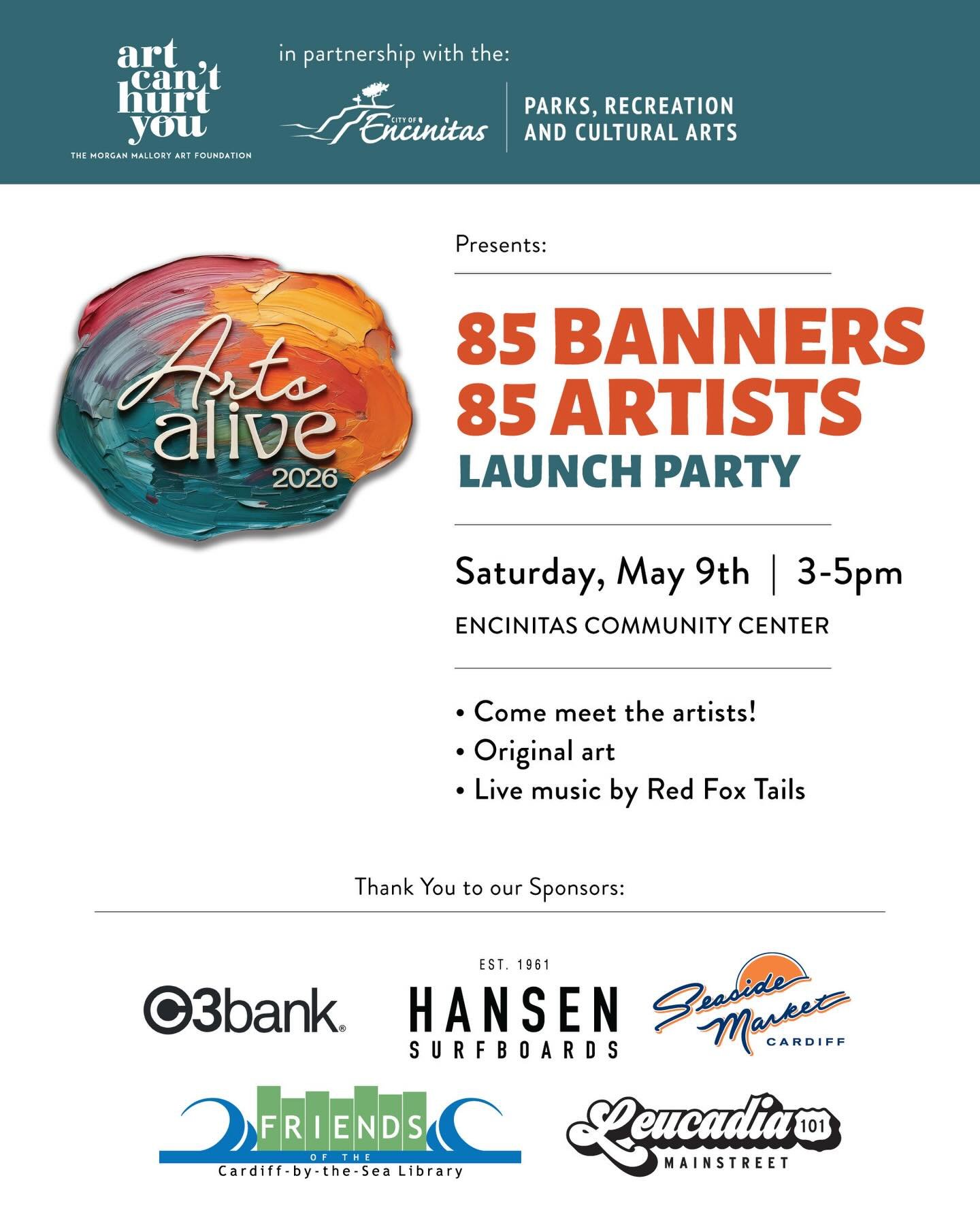 Save the date!

We&rsquo;re celebrating the 2026 Encinitas Arts Alive banner collection, and you&rsquo;re invited!

Join us at the Encinitas Community Center on May 9 from 3&ndash;5 PM for a fun, free afternoon celebrating local art and the talented 