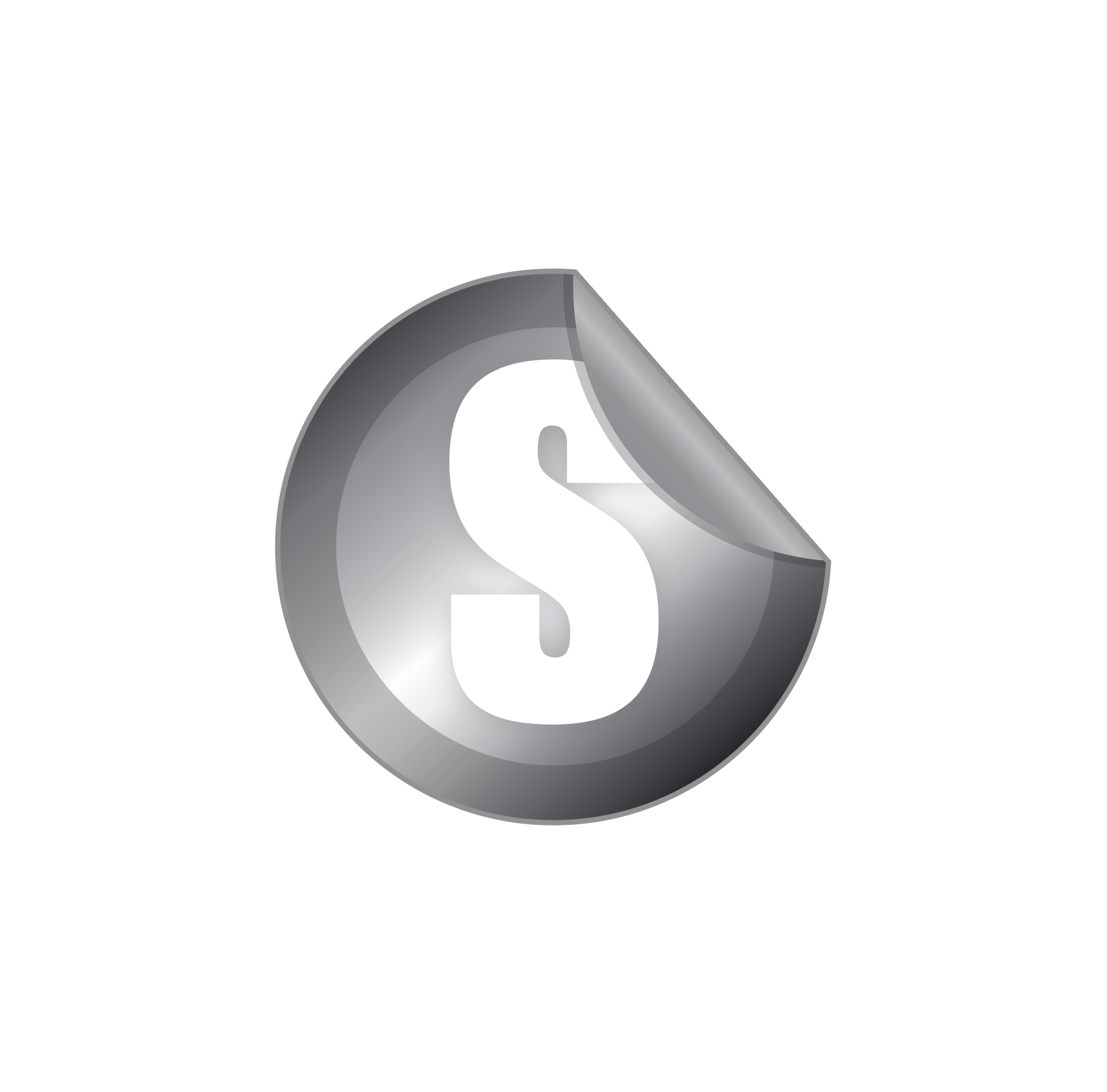 A metallic 3D S sign symbol with a peeled-back corner, revealing a gray background.
