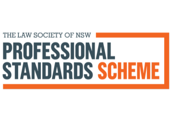 Logo for The Law Society of NSW Professional Standards Scheme, featuring text in black, blue, and orange within a rectangular border.