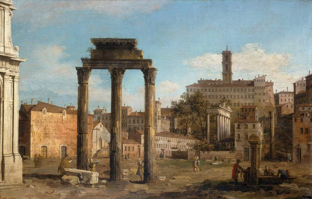 Canaletto, Roma: Ruinas del foro c. 1740-6
Oleo sobre lienzo , 61.0 x 95.3 cm, Royal collection trust.