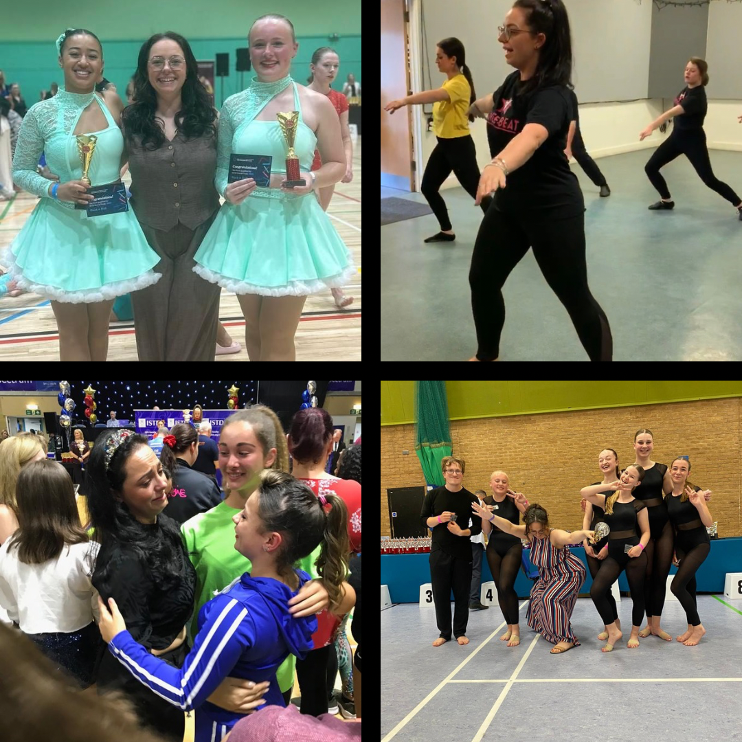 Collage of four photos featuring various groups of people at events: top left shows three women in turquoise dance costumes holding trophies, middle right shows women practicing dance routines in a studio, bottom left depicts young girls hugging and talking at a celebration or competition, bottom right displays a group of women and girls in black outfits celebrating.