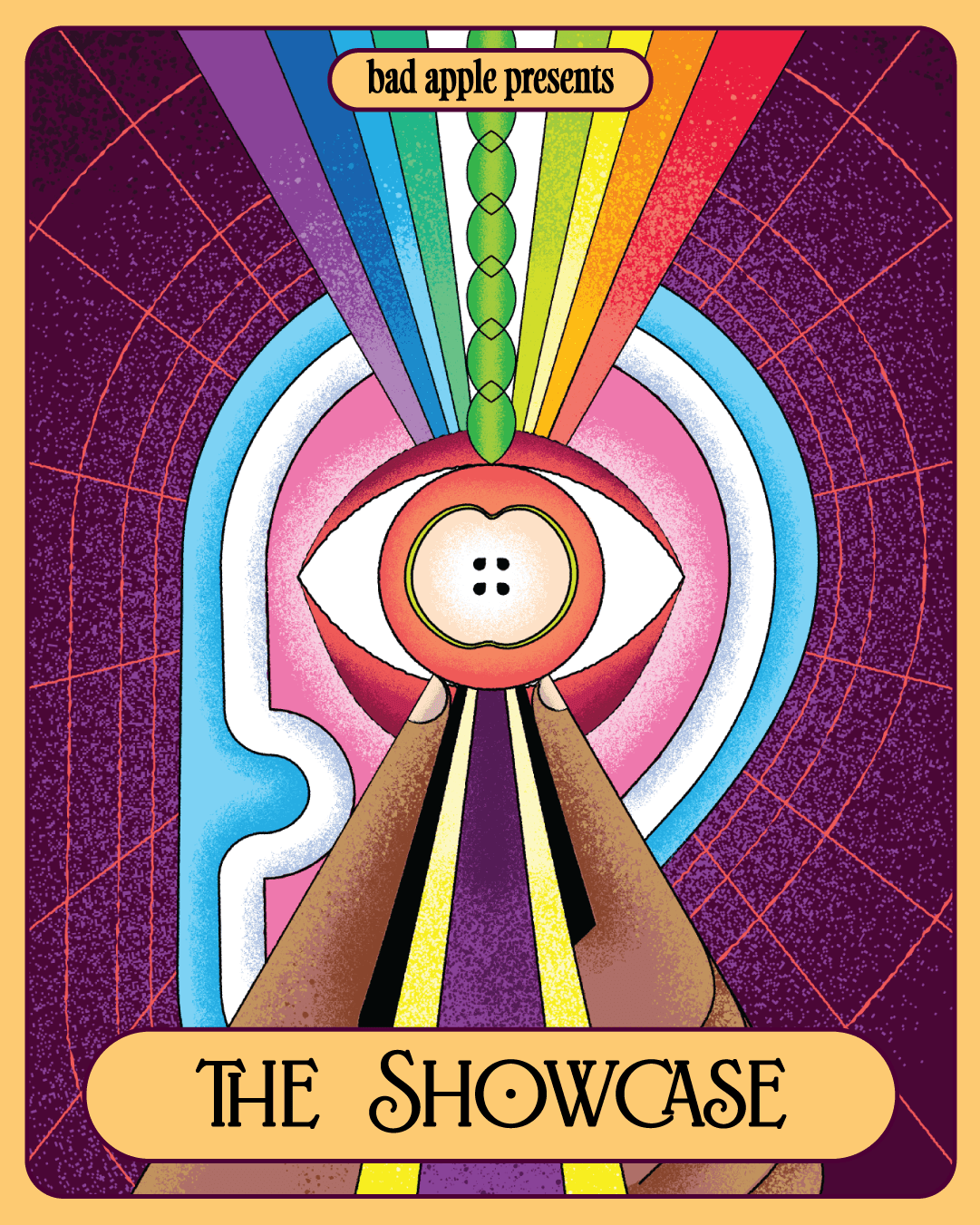 Colourful illustrated tarot card titled 'The Showcase' featuring a large eye with a sliced apple in the center, surrounded by rainbow-colored beams, abstract shapes, and a purple background.