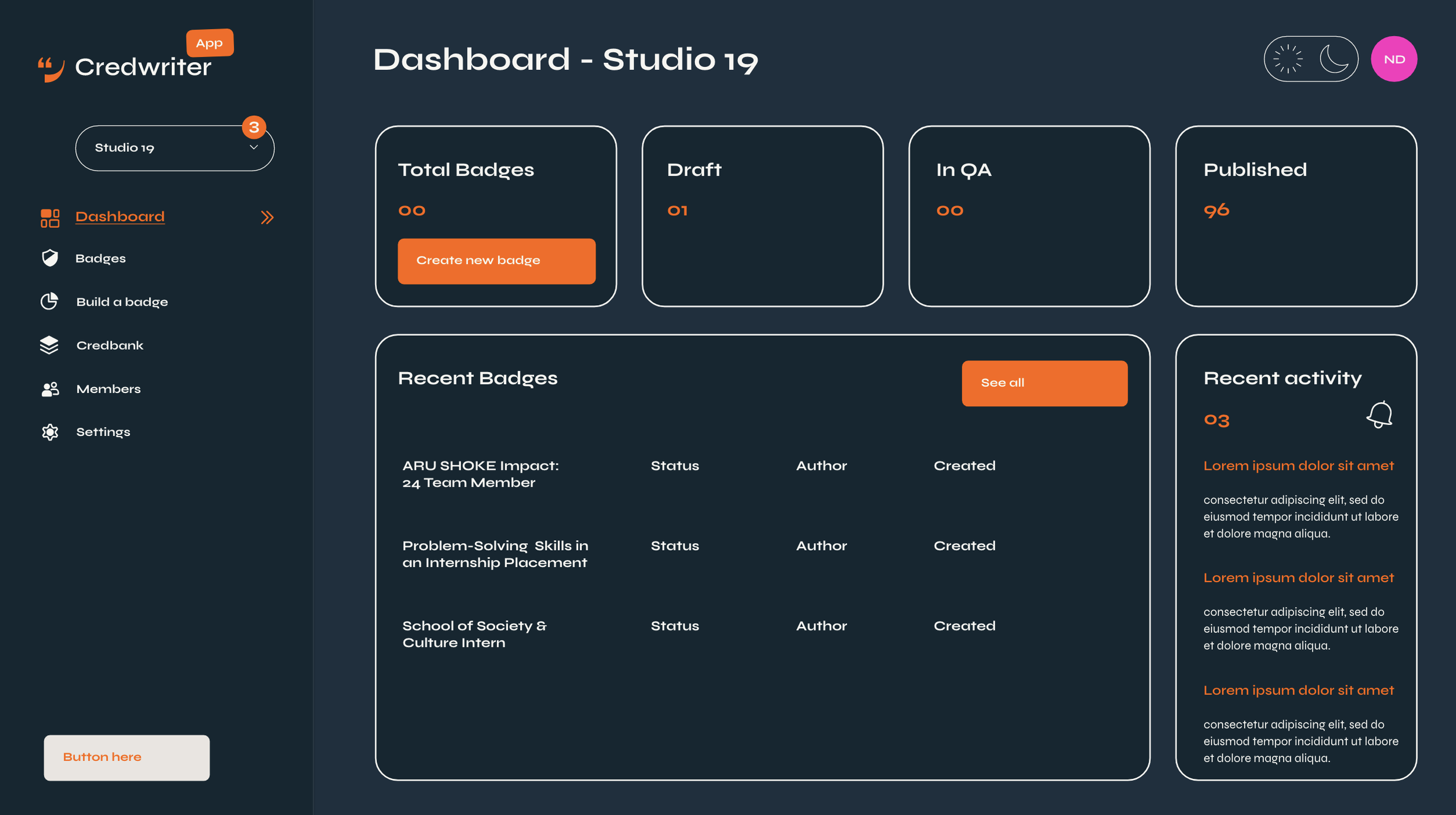 Screenshot of a dark-themed dashboard interface for Credwriter app titled 'Dashboard - Studio 19'. It displays sections for badges, recent badges, recent activity, and various stats. Menu options on the left include Dashboard, Badges, Build a badge, Credbank, Members, and Settings. The top right shows icons for night mode toggle and notifications.