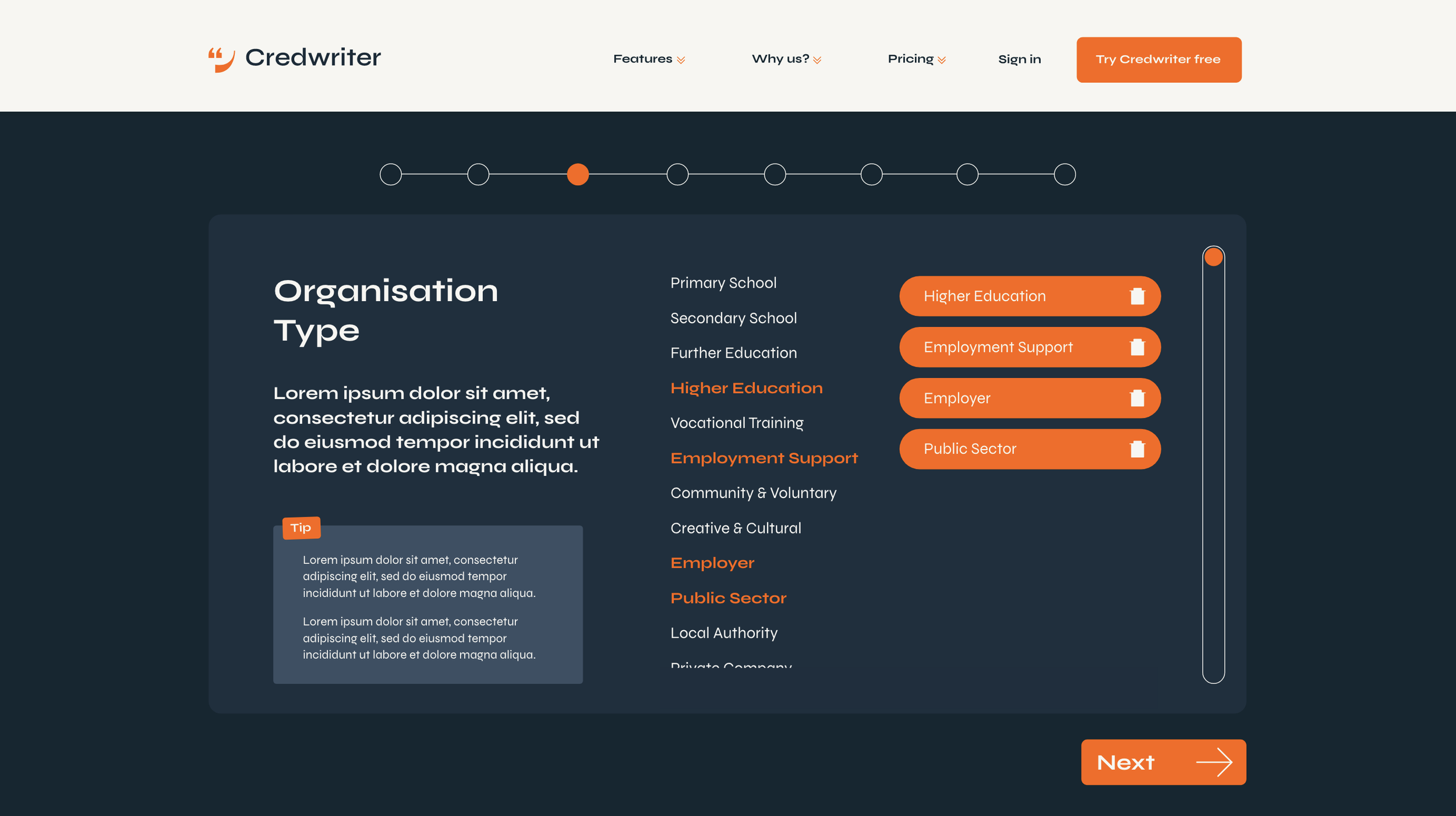 Screenshotted webpage of Credwriter with a navigation bar, progress indicator, and a section titled 'Organisation Type' displaying a list of education and employment categories; some categories are highlighted orange. There is a 'Next' button at the bottom.