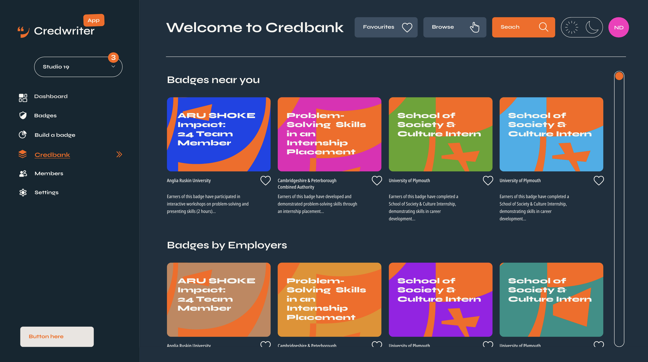 Screenshot of the Credwriter platform dashboard showing badges near you and by employers, with various colorful badge designs and navigation menu on the left.