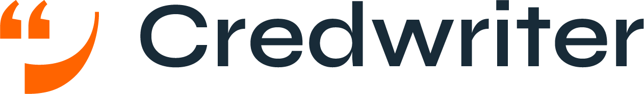 Logo for Creditwritter with a stylized orange quotation mark next to the text.