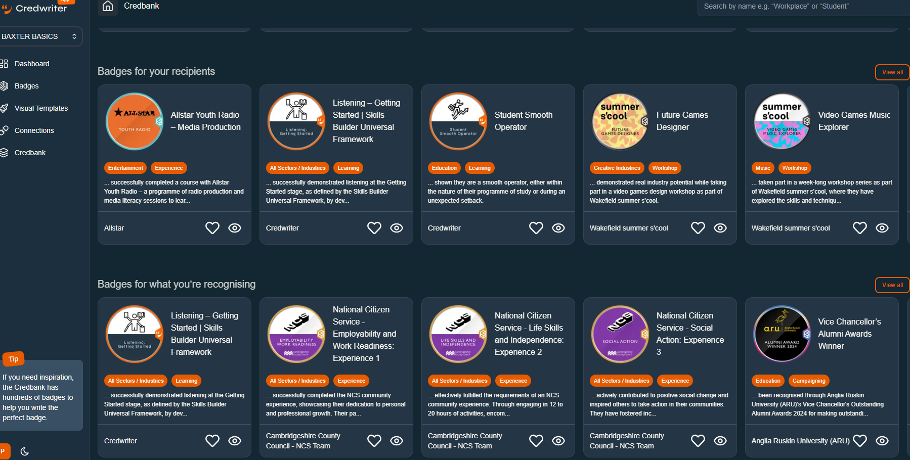 Screenshot of a digital platform showing various badges awarded for different achievements, categories include entertainment, education, workshop, and experience, with descriptions and options to favorite or view badges.