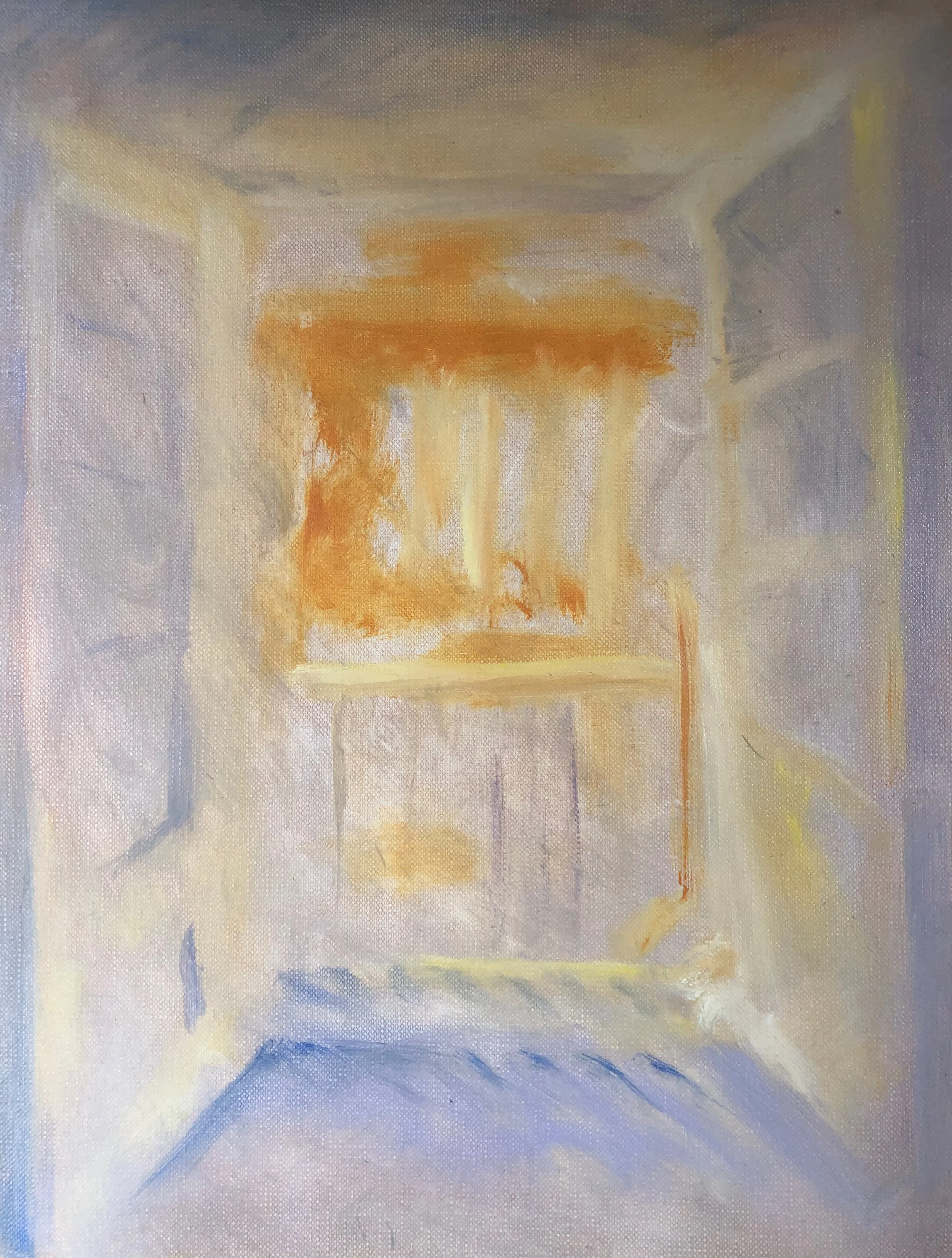 An impressionist style painting of the blue quality of morning light as I see it from my studio space. The glass doors are open, the balcony rail is visible as are shapes of sunlight hitting the building opposite. The painting has vibrancy and energy