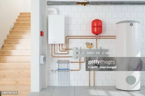 Heated water system with a tall white water heater, red expansion tank, and piping against a white tiled wall, next to a staircase.