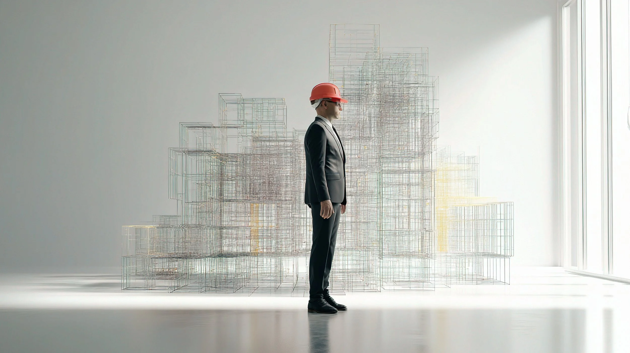 A project manager in a suit and hard hat stands in front of a digital wireframe structure, symbolising infrastructure planning and technical leadership.