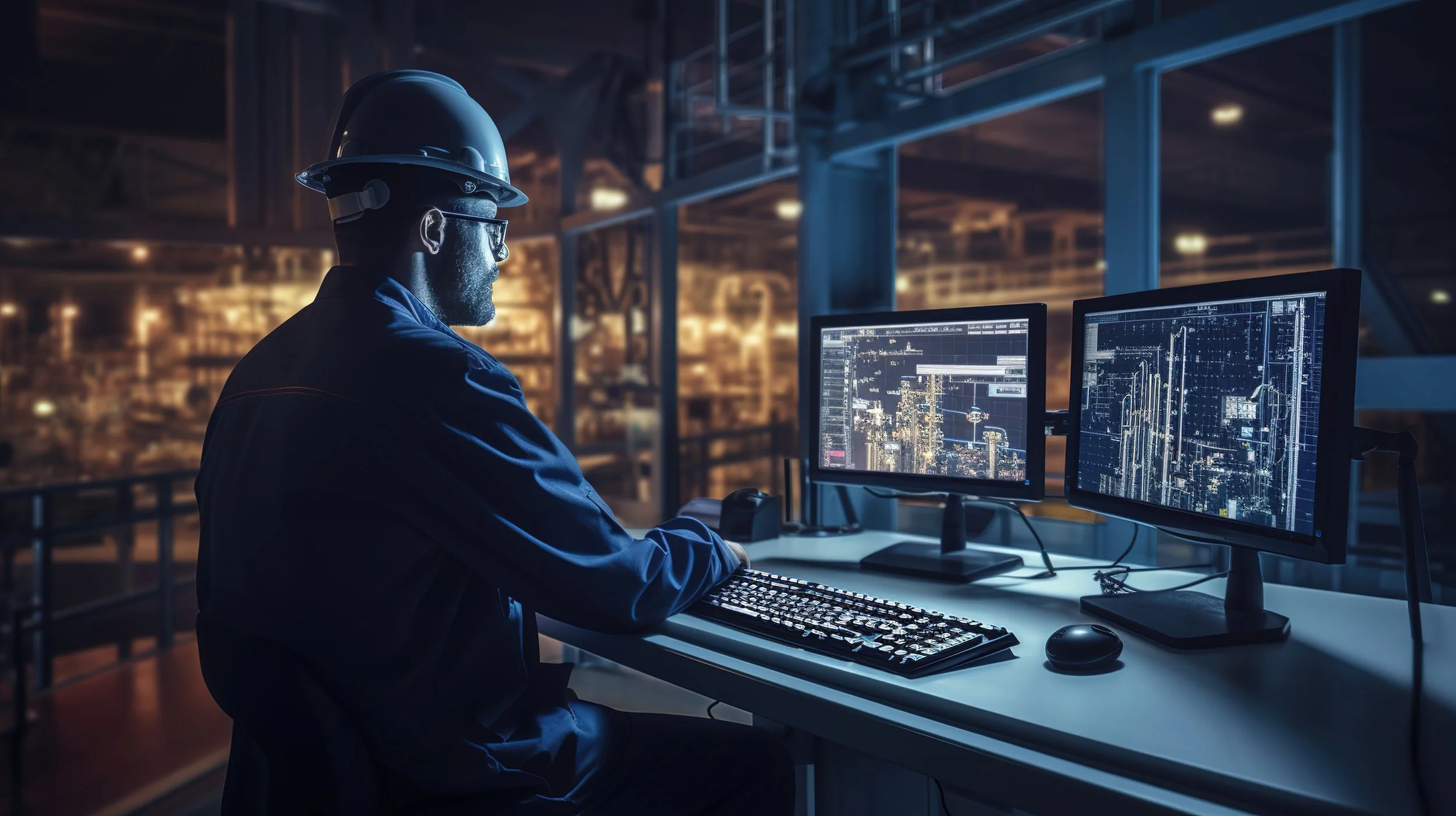 Engineer analysing electrical power system data using simulation software for HV grid compliance