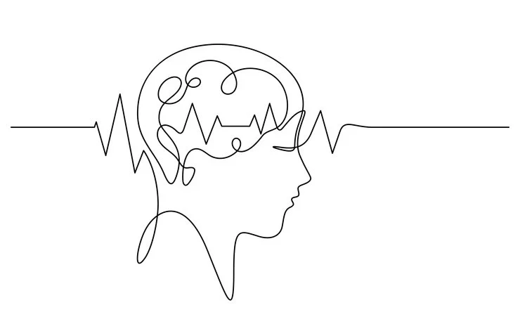 Une illustration minimaliste d'un profil de tête humaine avec un cerveau représenté par une ligne continue, intégrée dans un motif de battements d'une électrocardiogramme.