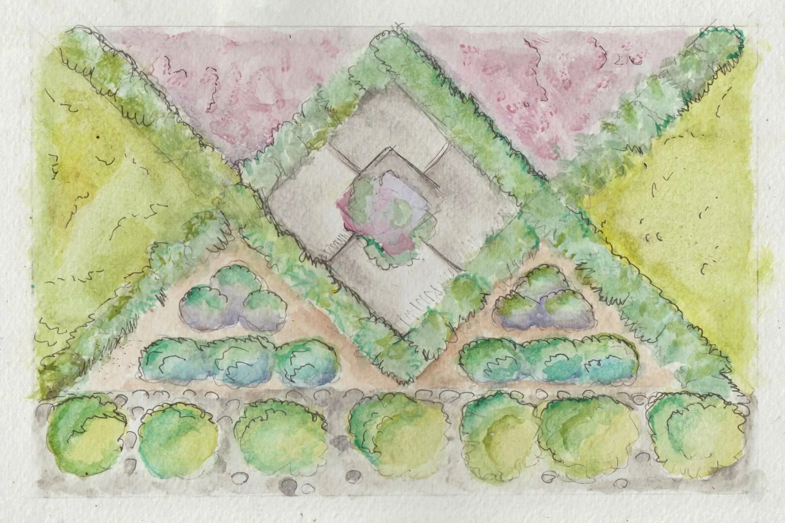 A watercolor sketch of a landscaped backyard with a central patio, green bushes, trees, and a pink flowering area behind a hedge.