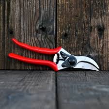 Red-handled pruning shears resting against a wooden fence.