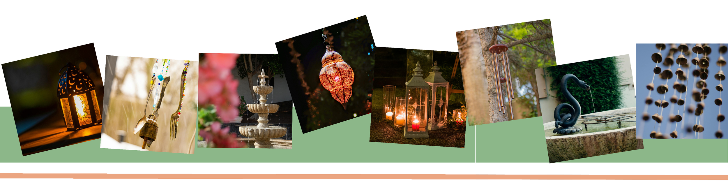 Collage of various outdoor lanterns and water fountains with candles and candles, set in a garden or patio environment.