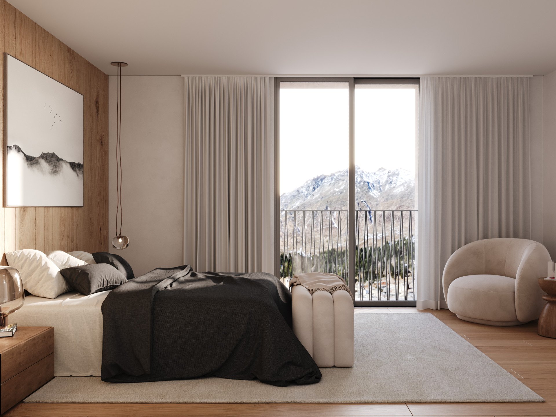 Interni camera letto principale con vista montagna della Residenza Brocco,San Bernardino. Un'opportunità immobiliare unica in Svizzera per chi cerca l'alto standing e la tranquillità.