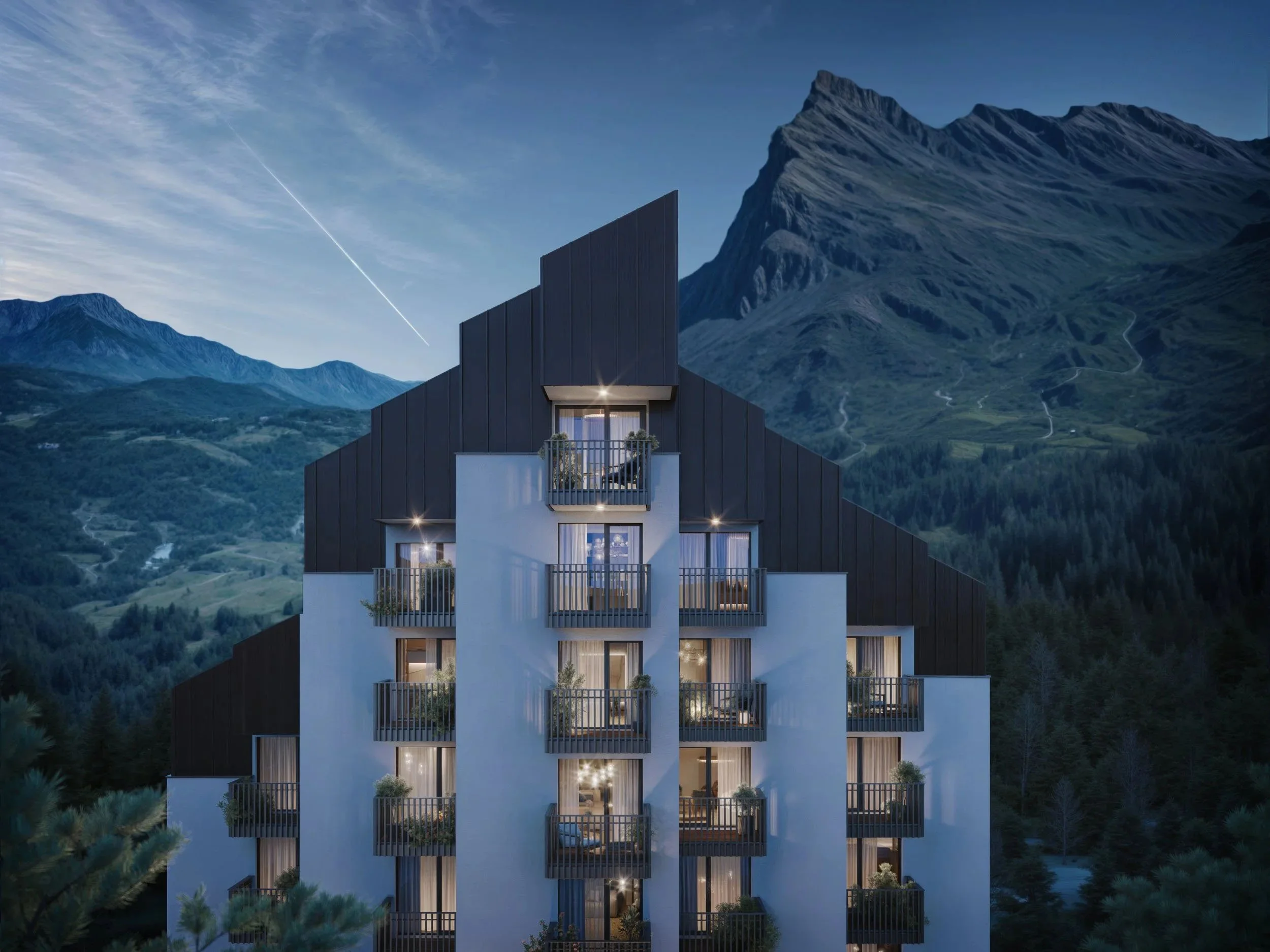 Facciata illuminata della Residenza Albarella a San Bernardino con vista sulle montagne. Clicca per i dettagli.