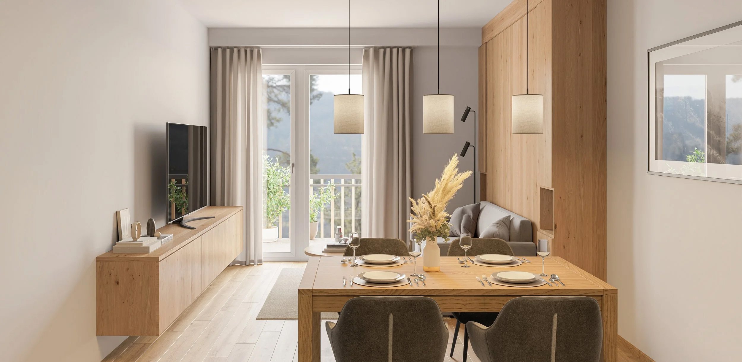 Interni di design della Residenza Albarella a San Bernardino: zona giorno luminosa con arredi in legno, tavolo da pranzo e ampie vetrate con vista panoramica sulle Alpi svizzere.