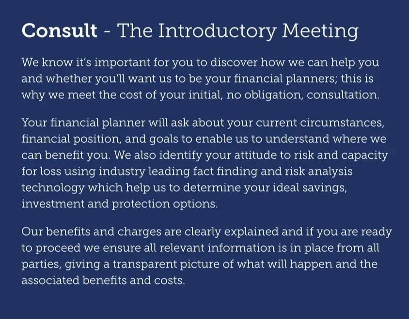 An informational flyer about an introductory consultation meeting for financial planning services, including details about the purpose, process, and benefits.