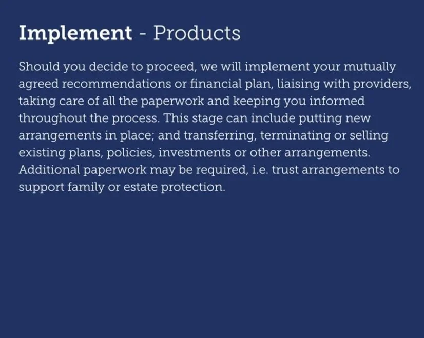 Text titled 'Implement - Products' explaining the process of executing recommendations, financial plans, and transferring or selling existing plans, policies, or investments, including handling paperwork for family or estate protection.