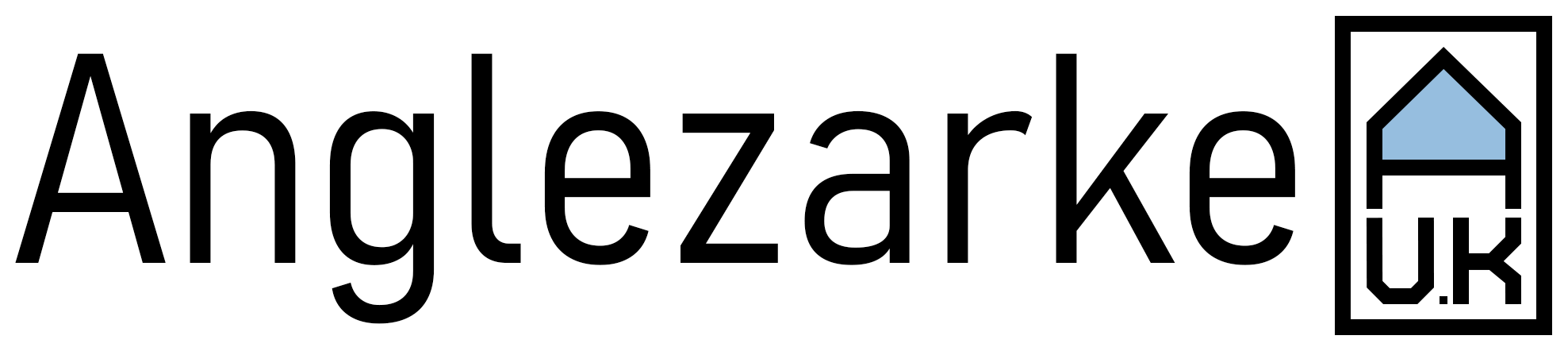 Logo for Angelzarkel UK featuring black text and a black-and-white house icon with a blue roof.