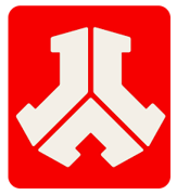 Red background with a white stylized abstract symbol that resembles a person with outstretched arms and legs