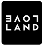 Black background with white text spelling 'LOVE LAND' upside down.