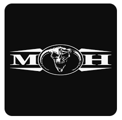 Black background with a white logo featuring a bull skull in the center, flanked by the letters 'M' and 'H' on each side.