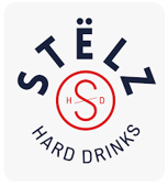 Logo with the word 'STELZ' at the top, 'HARD DRINKS' at the bottom, and a red monogram with the letters 'S' and 'D' in the center.