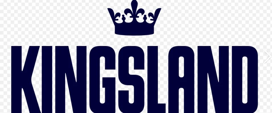 Text reading 'KINGS LAND' with a crown above the text, in dark blue on a transparent background.