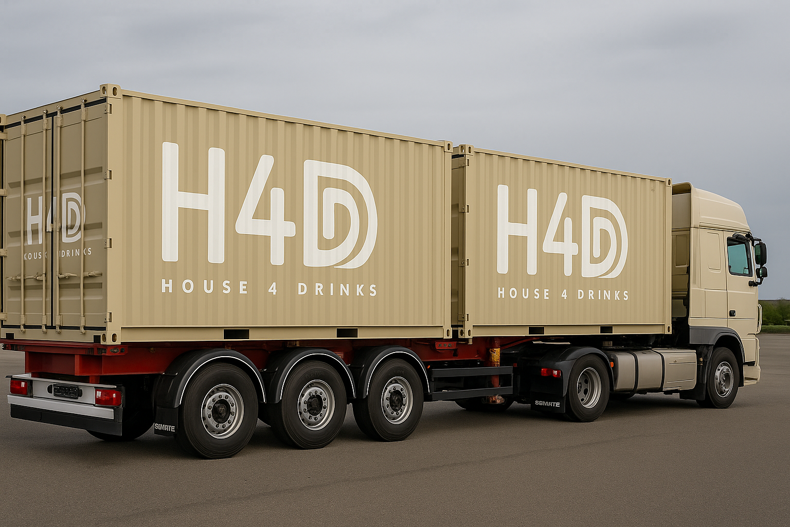 A large beige truck with two attached shipping containers that display the logo 'H4D' and the phrase 'House 4 Drinks' in large white letters.