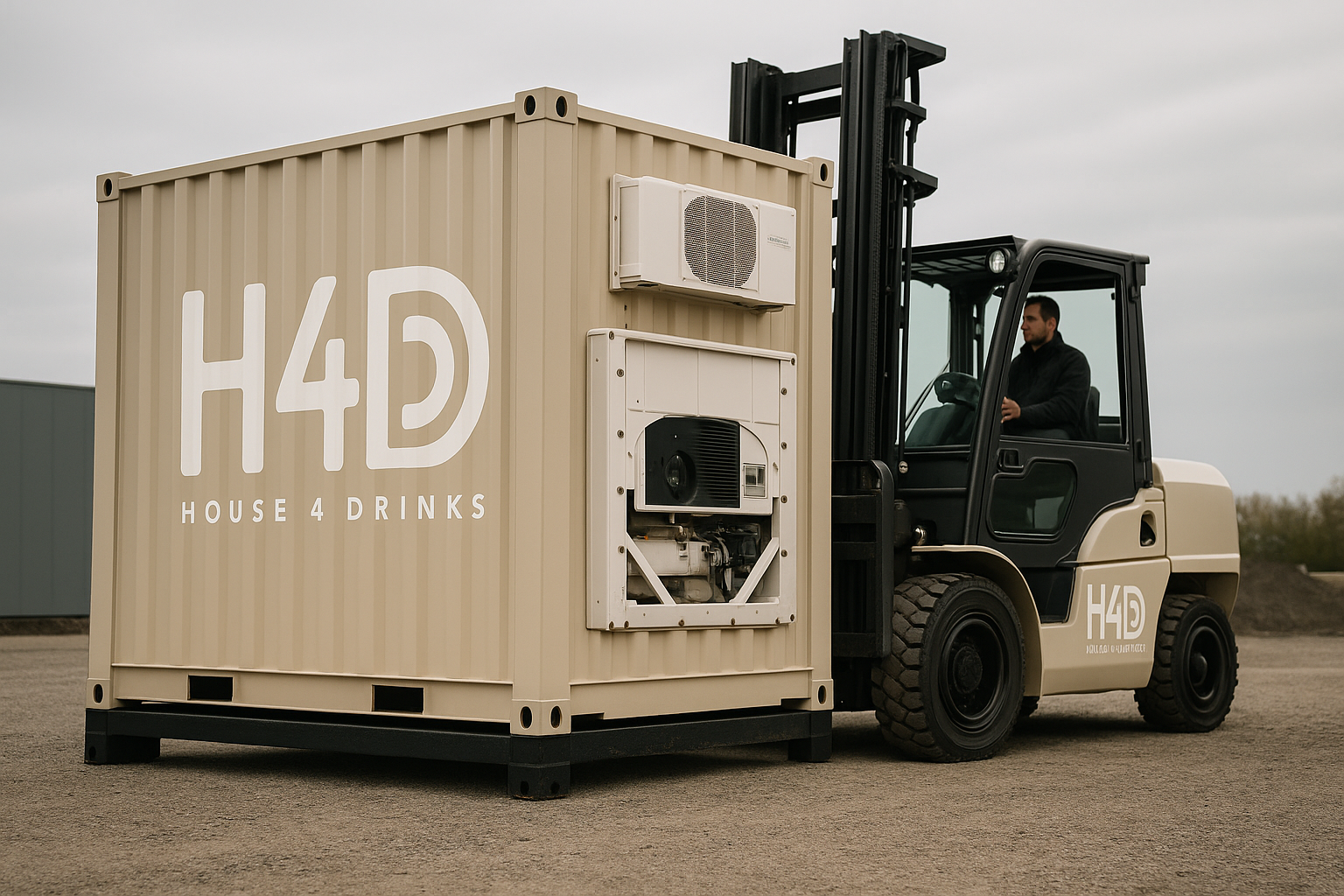 A forklift lifting a beige shipping container with the logo "H4D" and the words "House 4 Drinks" on its side, outdoors on a cloudy day.