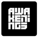 Stylized black and white logo with the text 'AWAKENINGS' in block letters arranged in a square grid.