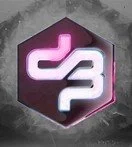 Logo in neon pink and purple with abstract symbols inside a hexagon