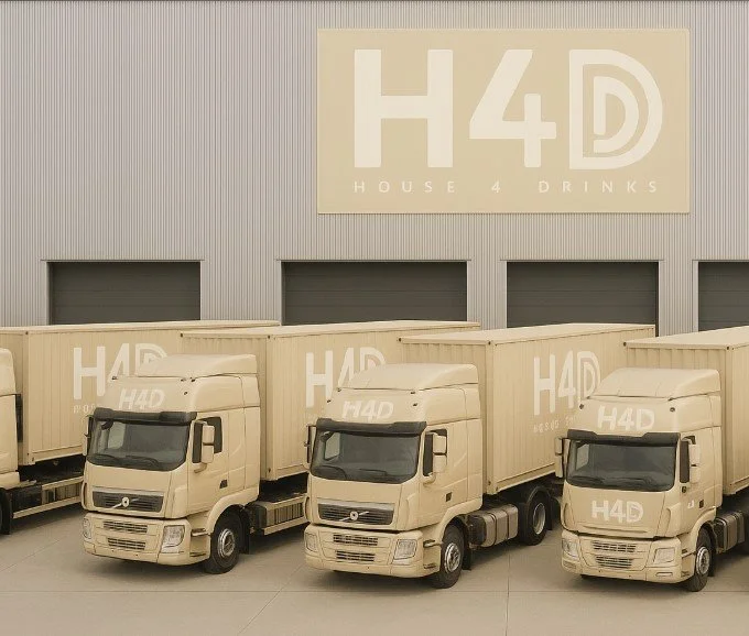 Multiple beige delivery trucks parked outside a warehouse with a large sign reading 'H4D' and 'House 4 Drinks' in the background.
