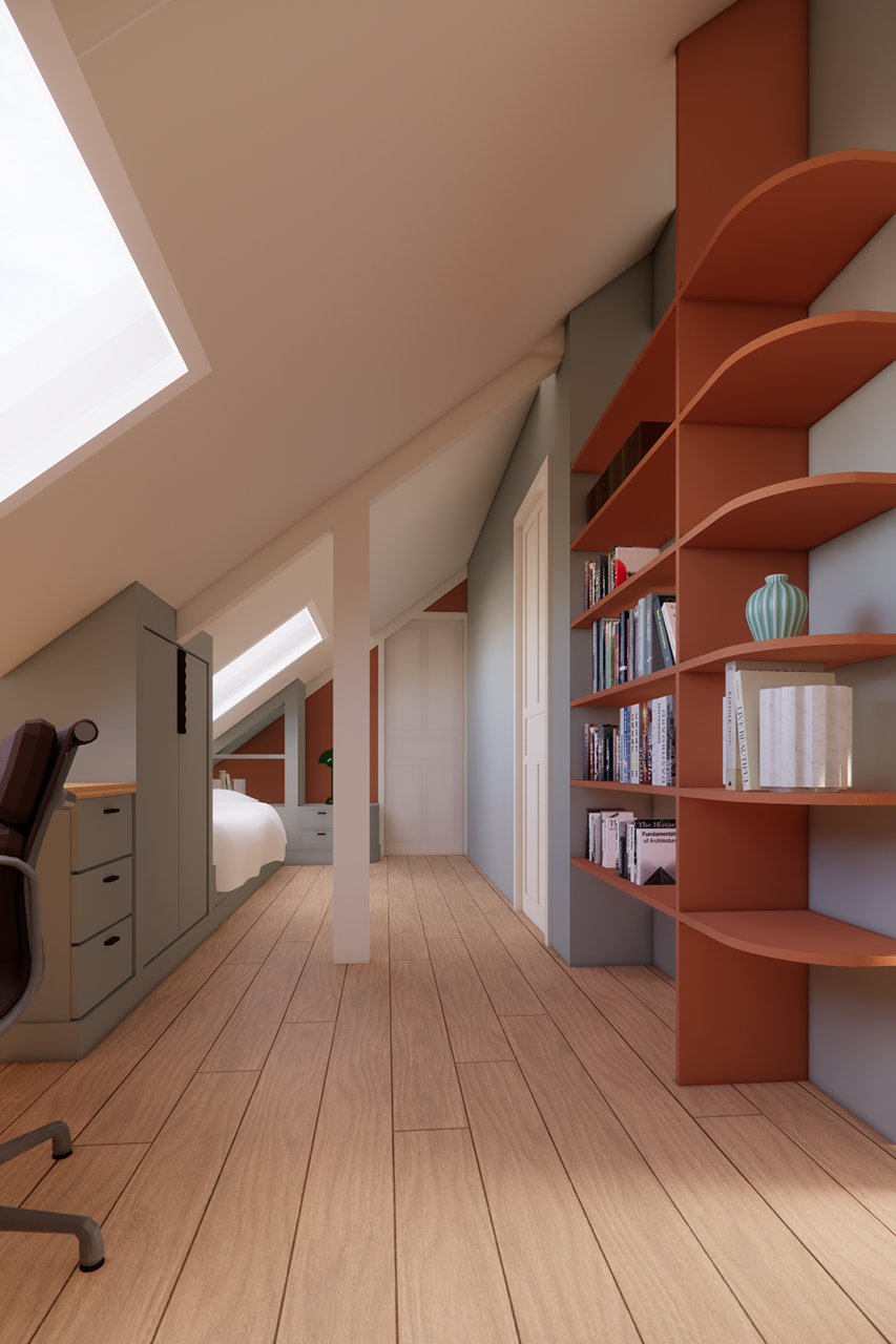 agencement bureau et coin lecture sur palier sous rampants