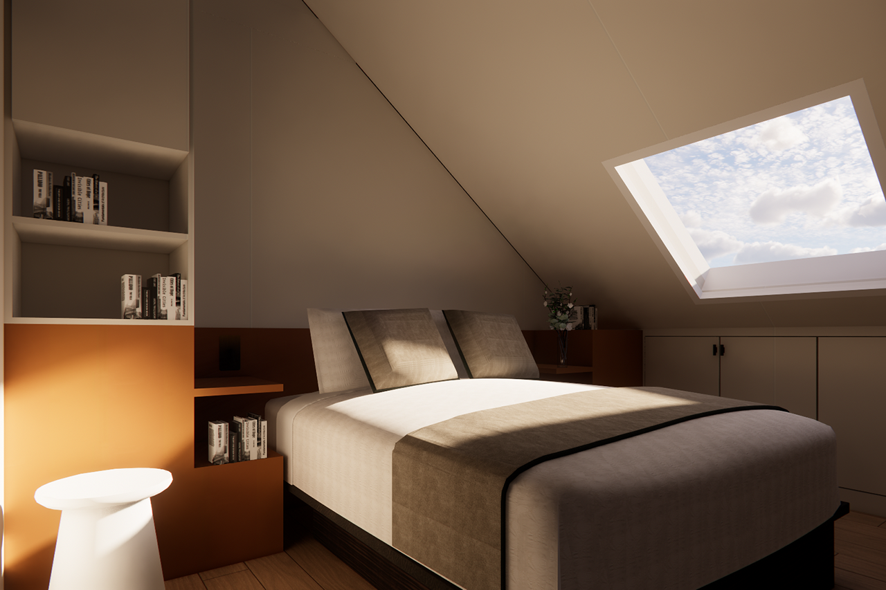 tete de lit ocre dans chambre sous rampants